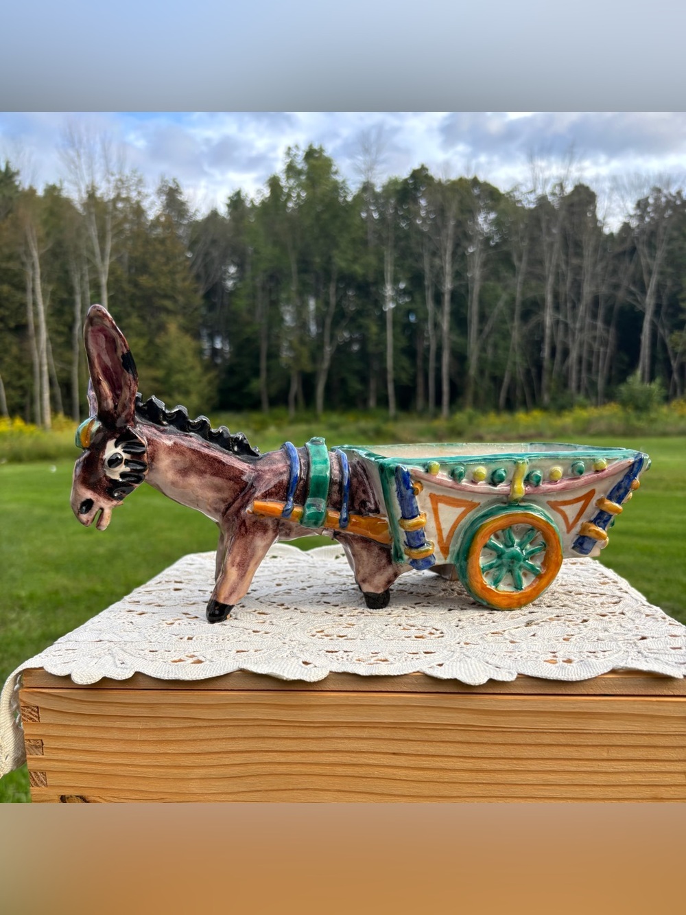 Vintage Hand-painted Donkey Pulling Cart Planter Signed Italy